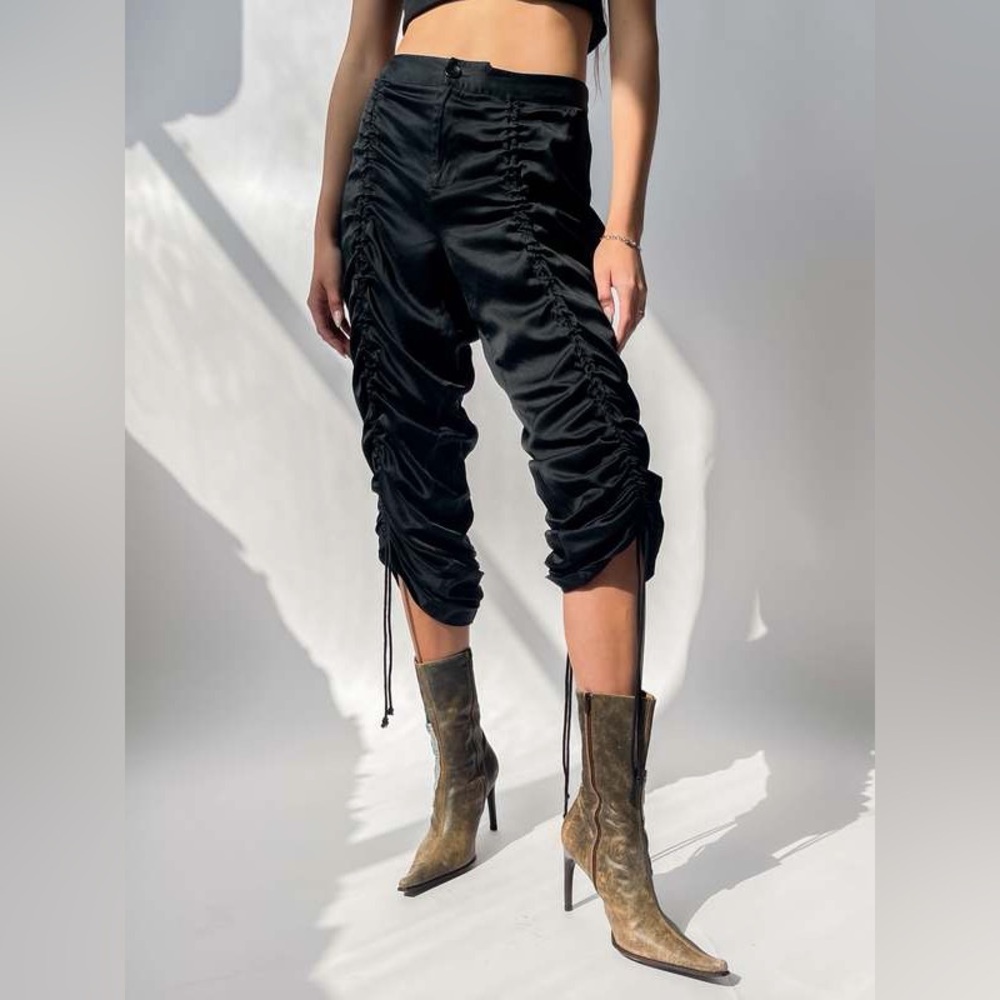 Vintage Y2K INC Silk Ruched Drawstring Pants Black Cinched Adjustable Size 4